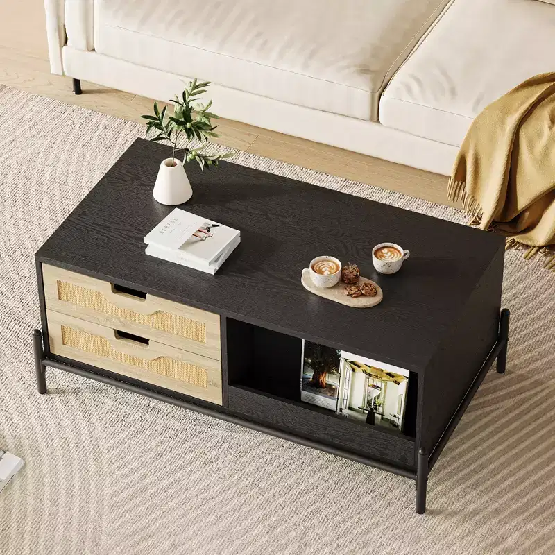 Farmhouse Boho Rattan Coffee Table with 4 Woven Drawers & Open Storage Shelf, Coffee Tables w/LED Lights, Wooden Center Table for Living Room