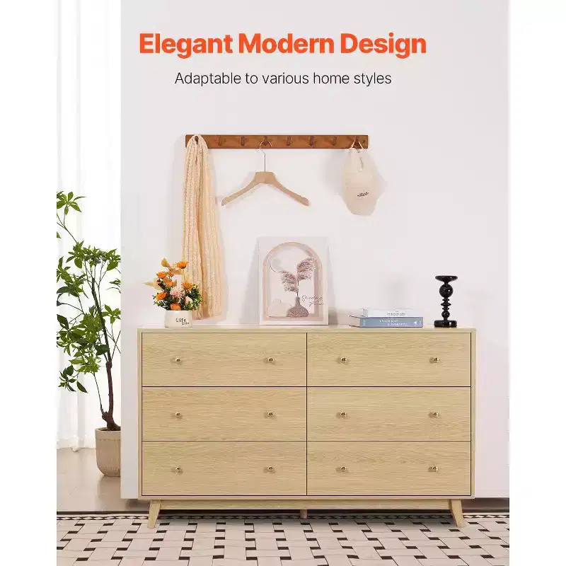 6-Drawer Wooden Dresser with Metal Rails Anti-Tip Design Smooth Sliding for Bedroom Light Wood