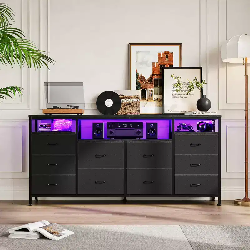 TV Stand with 10 Fabric Drawers for 65/70/75 Inch TVs, 63 Wide Entertainment Center with LED Lights & Power Outlets