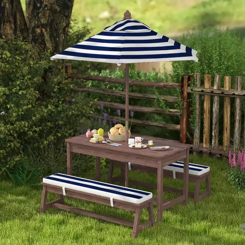 Qaba Kids Picnic Table, Outdoor Wooden Table & Bench Set with Cushions and Umbrella, for Patio, Garden, Navy Blue