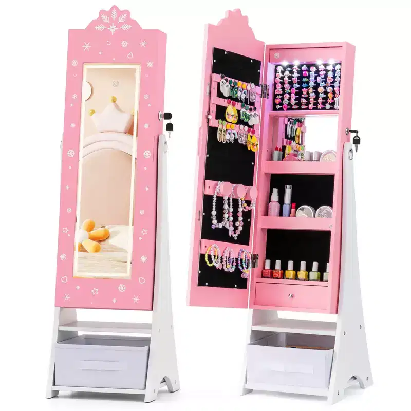 Costway Kids Jewelry Armoire with 3-Color Lighted Full Length Mirror & Inside Led Lights White/Pink