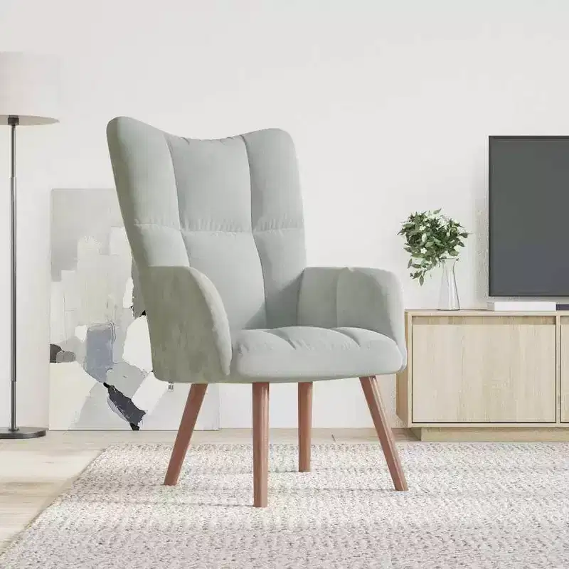 Modern Light Grey Velvet Armchair with Wooden Legs, Thick Padded Foam Seat, Aesthetic Blocks on Backrest - Light Gray