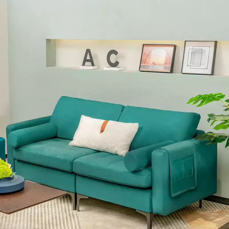 Modern Loveseat 2-Seat Sofa Couch w/ 2 Bolsters Side Storage Pocket Teal