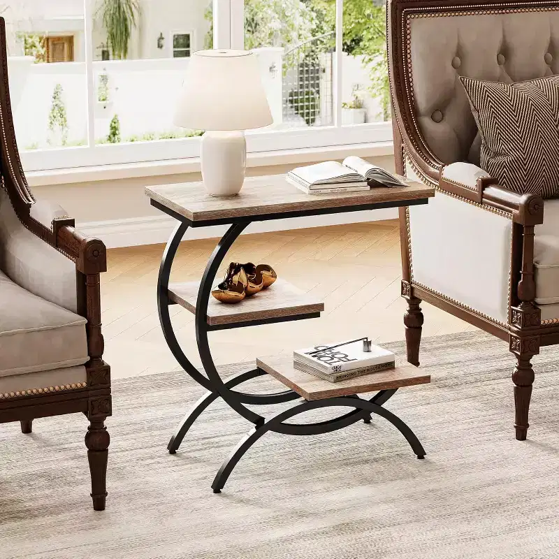 Lantine Industrial C-Shaped Narrow End Table with 3 Storage Shelves, Wood Top and Black Metal Frame, Ideal for Living Room, Oak Finish.
