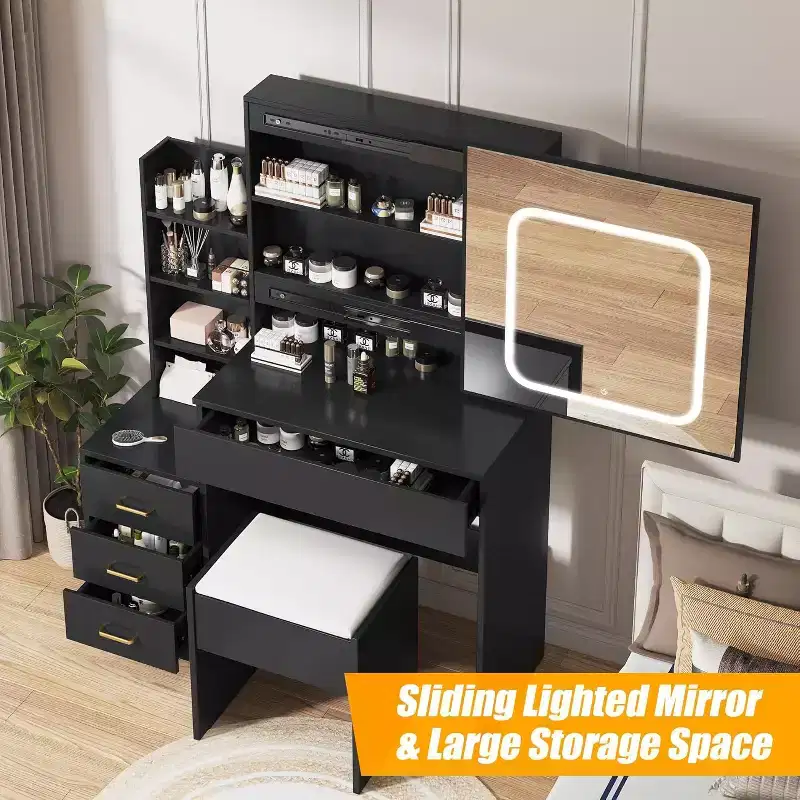 Vanity Desk with Sliding Mirror and Lights, Makeup Vanity Set with 4 Drawers, Stool, Power Outlet, Open Shelves, 3 Color Adjustable Lighting Modes