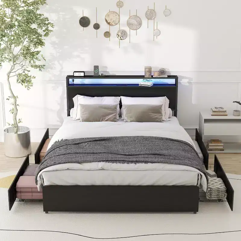 Zevemomo Full Bed Frame with 4 Storage Drawers, Full Size Bed Frame with Headboard, LED,Sturdy Metal Slat Support, No Noise, Black