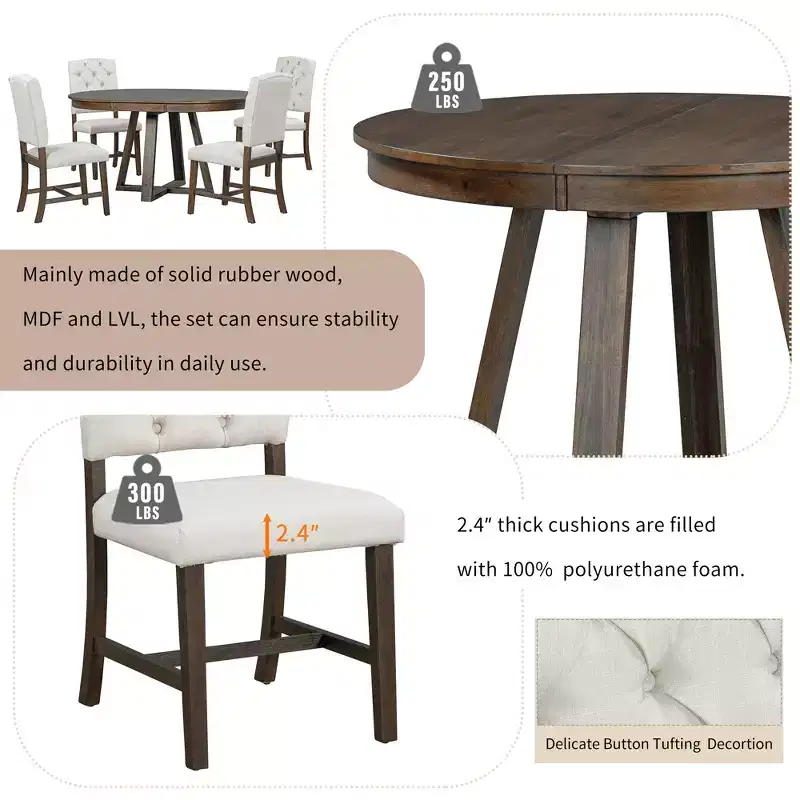 Whisen Retro Style 5-Piece Extendable Dining Set with 4-Botton Tufted Upholstered Chairs