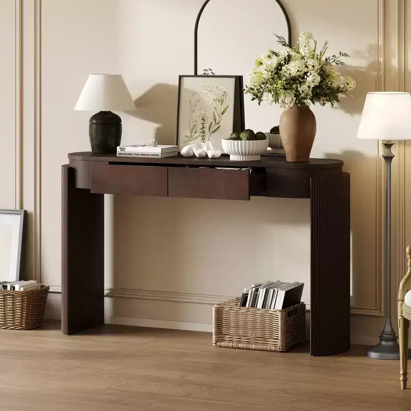 Console Table with Natural Wood Grain Finish, Fluted Design, Oval Top and 2 Drawers, Espresso