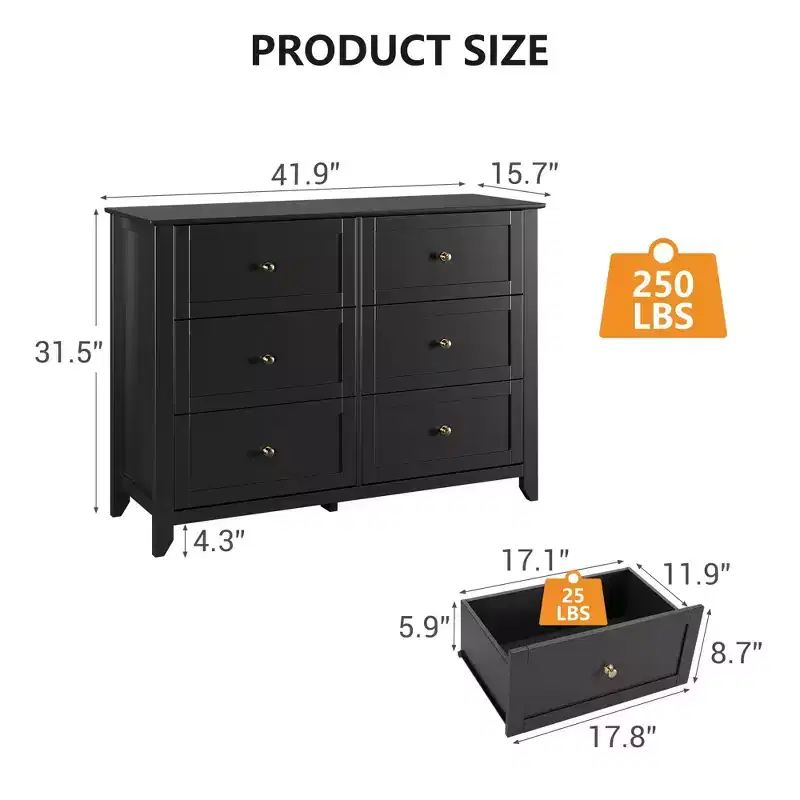 6 Drawers Dresser for Bedroom, Set of 2 Farmhouse Wood Chest of Drawers for Clothes, Storage Dressers Organizer with Handles & Deep Drawers