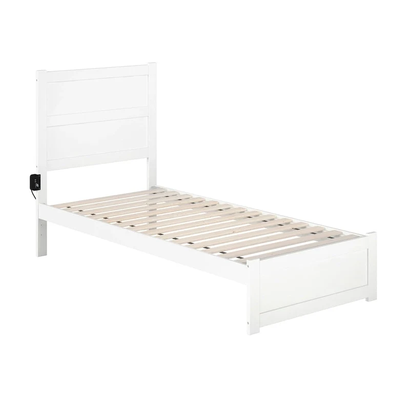 Twin XL Mid-Century Modern Platform Bed with Footboard, Charging Station & Slats, 600 lb, White