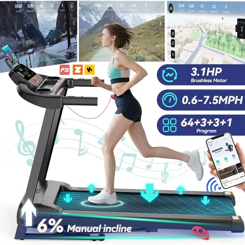 3.1HP Treadmill for Home, Folding Treadmill 300lbs Capacity, Treadmill with 6% Incline, 0.6-7.5MPH, 64 Preset Program