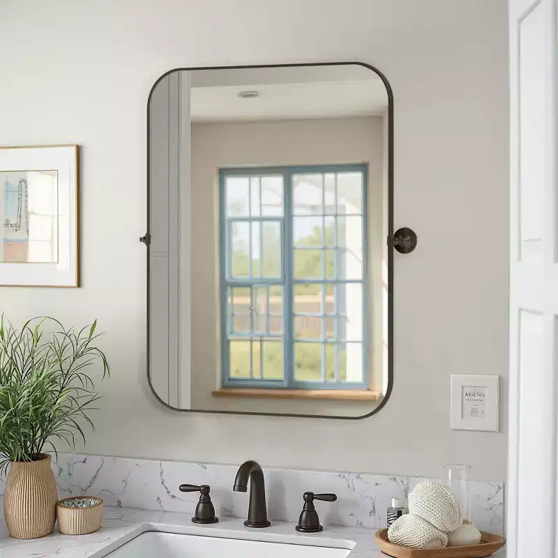 80cm Black Iron Rectangular Mirror with Rounded Corners and Rotating Hardware, 4cm Depth (Double-Sided)
