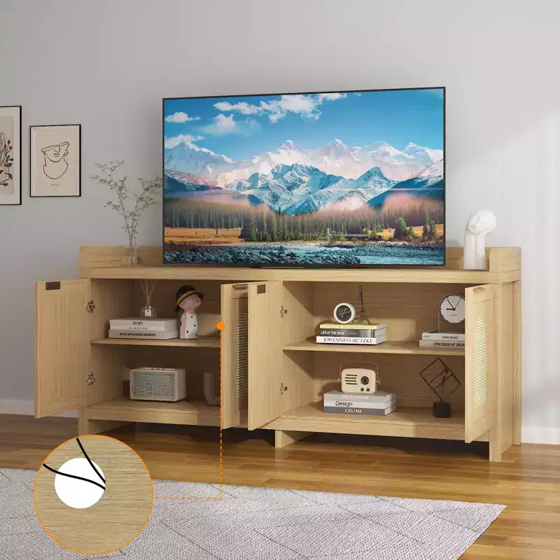 COZONY 61.5 Natural Rattan TV Stand for 65 Inch TV, Modern Entertainment Center with Storage Cabinet