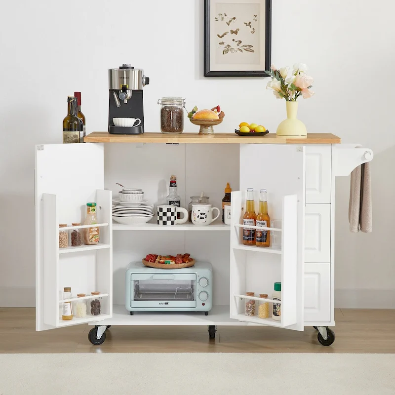Kitchen Island with Drop Leaf Countertop, Barn Door Kitchen Island Table, Storage Cabinet and Tower Rack, Island Table On Wheels