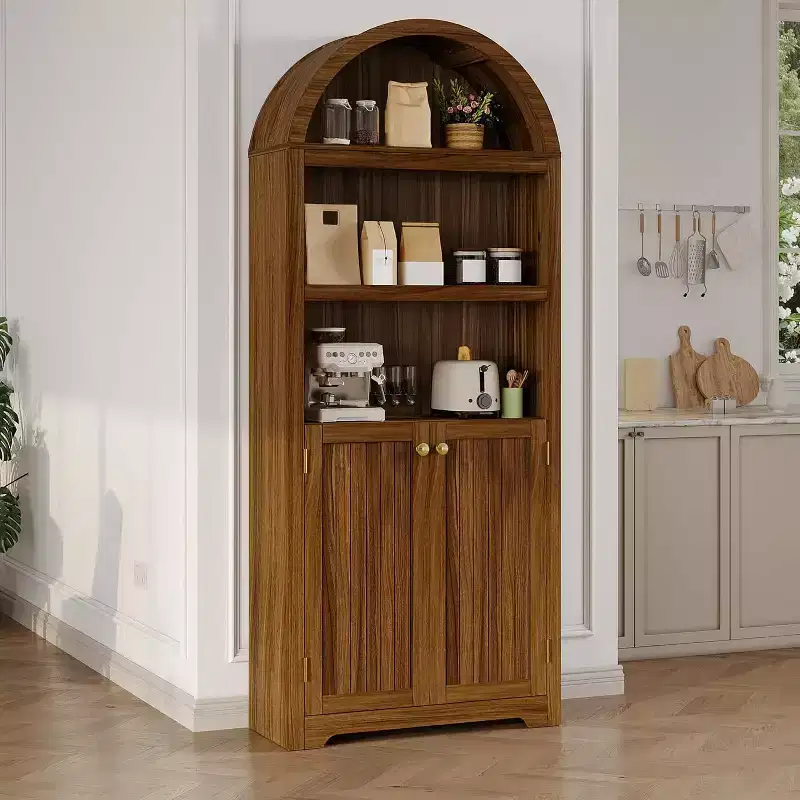 71.65'' Tall Arched 5-Tier Bookcase Cabinet with Double Doors & Adjustable Shelf, Modern Wooden Storage for Living Room, Bedroom, Home Office
