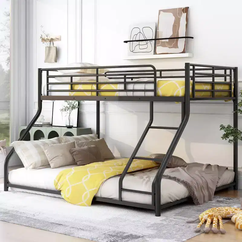 Okak Twin XL over Queen Metal Floor Bunk Bed Low Loft Bunk Bed with Ladder & Safety Guardrail for Kids Teens, Easy Assemble, Black