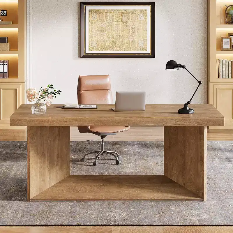 63-Inch Executive Desk, Large Office Computer Desk with Heavy Duty Pedestal, Farmhouse Workstation for Home Office, Rustic Brown