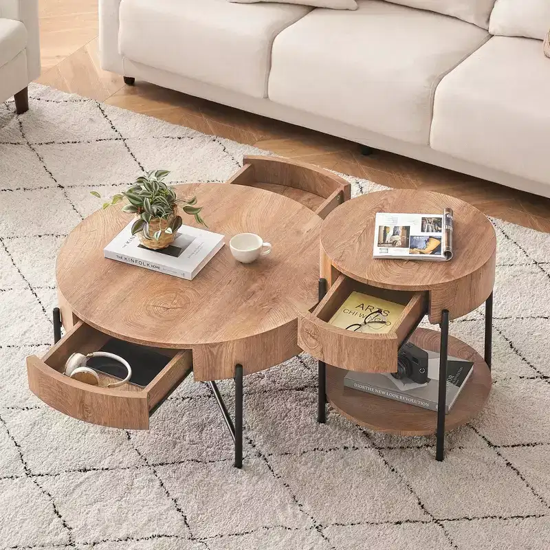 Round Coffee Table with Drawers Farmhouse Coffee Table with Storage Wood Accent Center Table Natural Coffee Table for Living Room