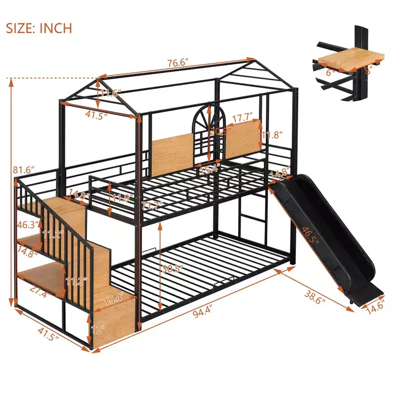 Twin over Twin Metal Bunk Bed, Metal Housebed with Slide and Storage Stair with Black Slide