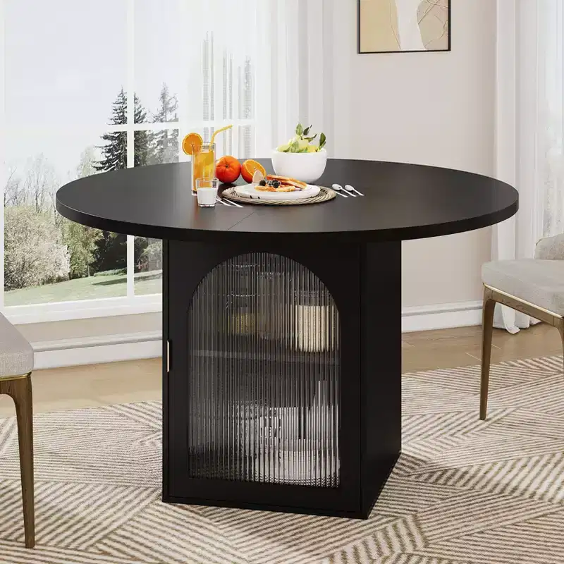 JVNOXK 47round dining table with modern base, striped glass doors with storage cabinet, seats 4 to 6 people, ideal for apartments or small spaces
