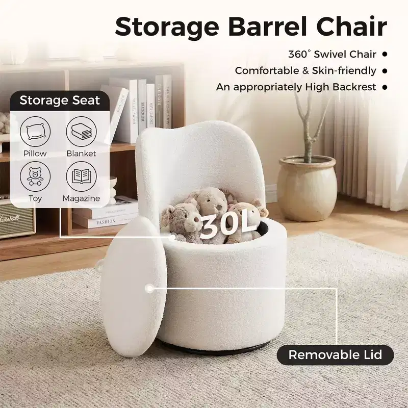 Swivel Vanity Chair with Storage, Upholstered Round Makeup Stool with Back, Soft Padded Barrel Accent Armchair for Bedroom & Living Room