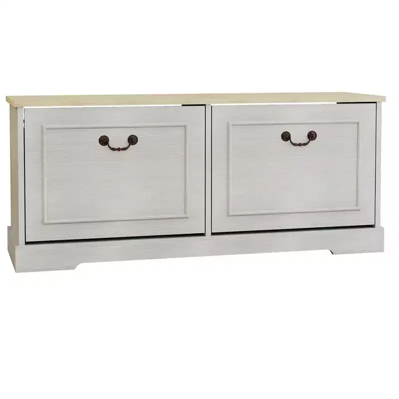 AndMakers 17.71 in. H x 41.33 in. W Antique White Shoe Cabinet with 2 Flip Drawers and Adjustable Shelf