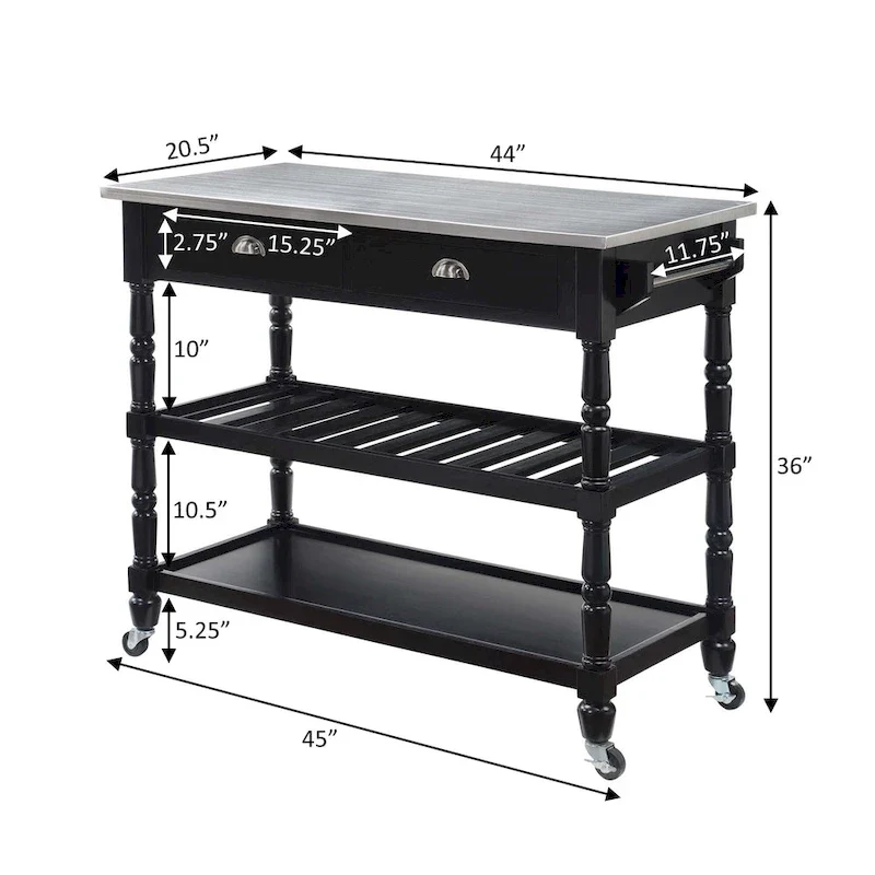 French Country 3 Tier Stainless Steel Kitchen Cart with Drawers