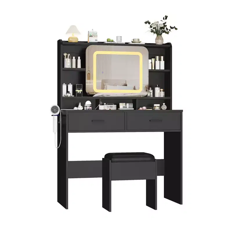 Makeup Vanity Desk with Sliding Mirror, Modern Makeup Vanity, 2 Drawer and Soft Cushioned Stool, 3 Lighting Modes Adjustable, for Bedroom