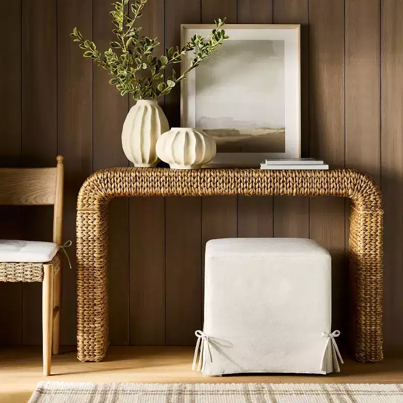 Slipcover Cube Ottoman with Tie Details Cream