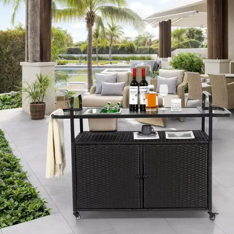 Bar Serving Cart Outdoor Wicker Table with Cabinet and Steel Top for Patio, Black, 51.57*19.69*35.83