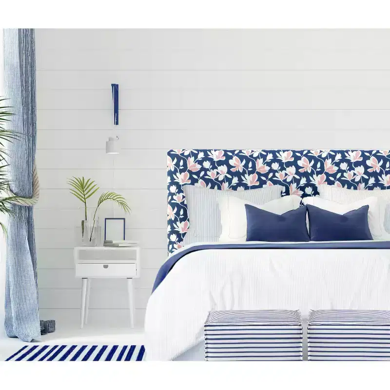 Skyline Furniture French Seam Ottoman in Nautical Stripe Navy: Modern Footstool, No Assembly, Wood Frame