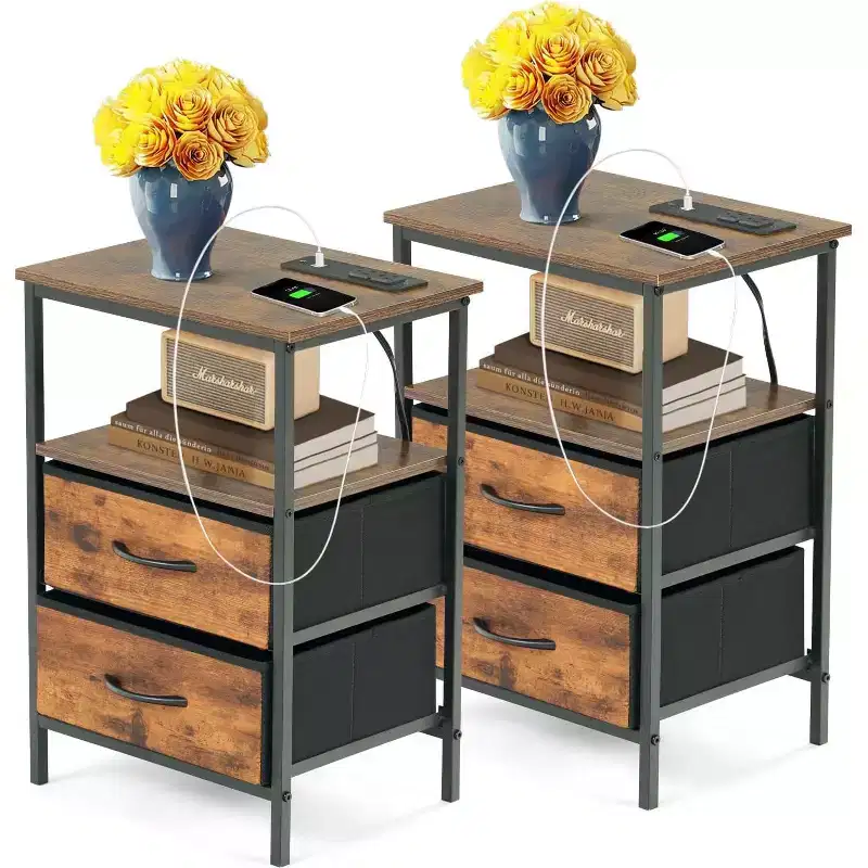 FurnitureR 2-Piece Nightstand Set with 2 Drawers, Industrial Bedside Tables with Open Shelf and Storage Bins, Rustic Brown