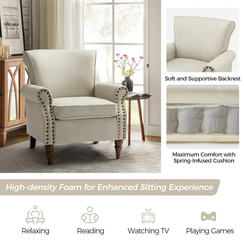 Nyctelius Upholstered Comfy Accent chair with Turned Wooden Legs and Nailhead Trim Set of 2 by HULALA HOME