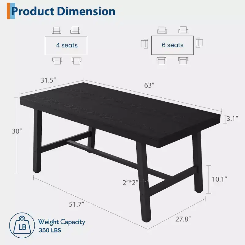 Industrial Dining Table with Metal Frame, Long Rectangular Kitchen Table for Dining Room