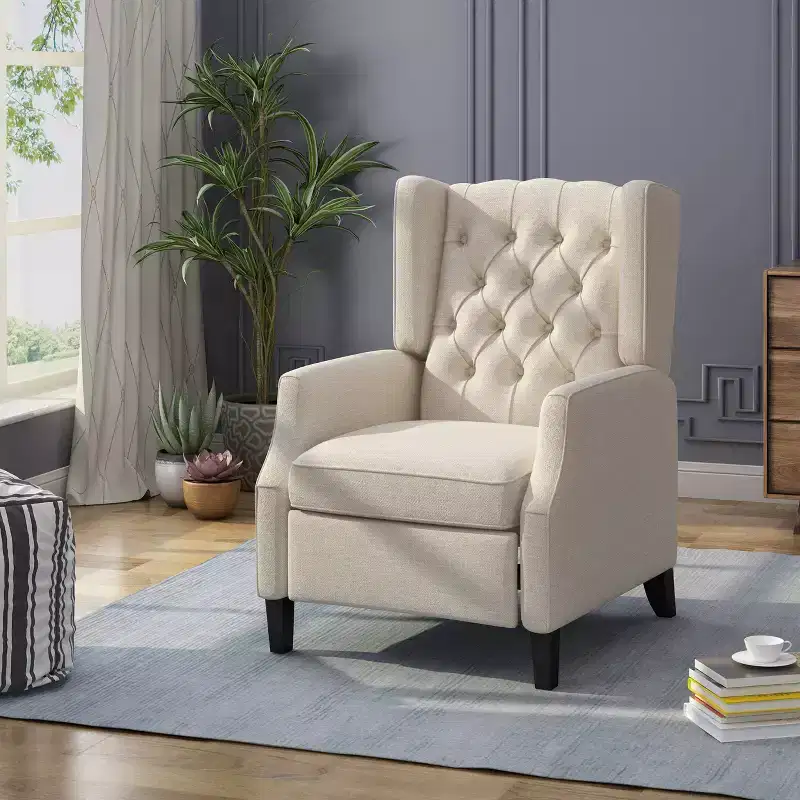 Traditional Wingback Recliner: Pushback, Tufted, Plywood Frame