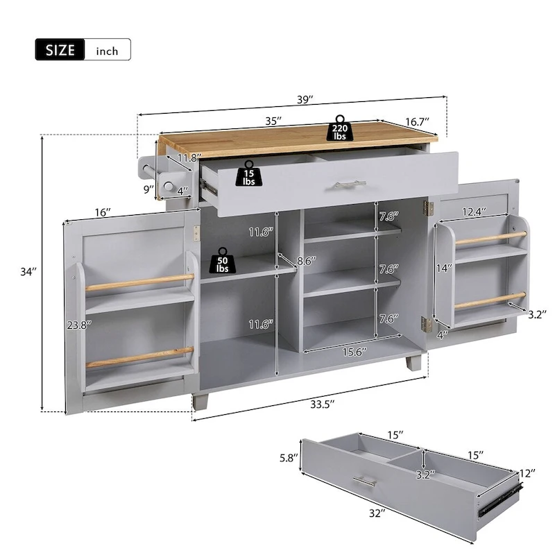 Rolling Kitchen Cart with Adjustable Shelf Tower Rack and Rubber Top - N/A