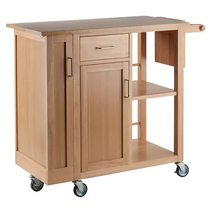 Mobile Kitchen Cart, Natural Wood, Mobile Island with Storage, Towel Holder & Casters