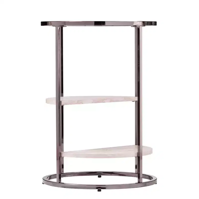 Round Contemporary Side Table with Faux Travertine Shelves & Tempered Glass Top, Black, 17