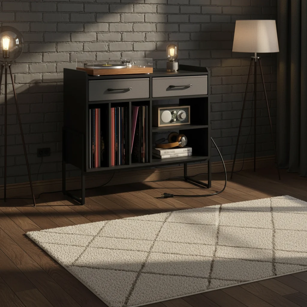 Large Record Player Stand with Charging Station, 2 Fabric Drawers, Adjustable Shelf Rustic Brown & Gray/Black/White
