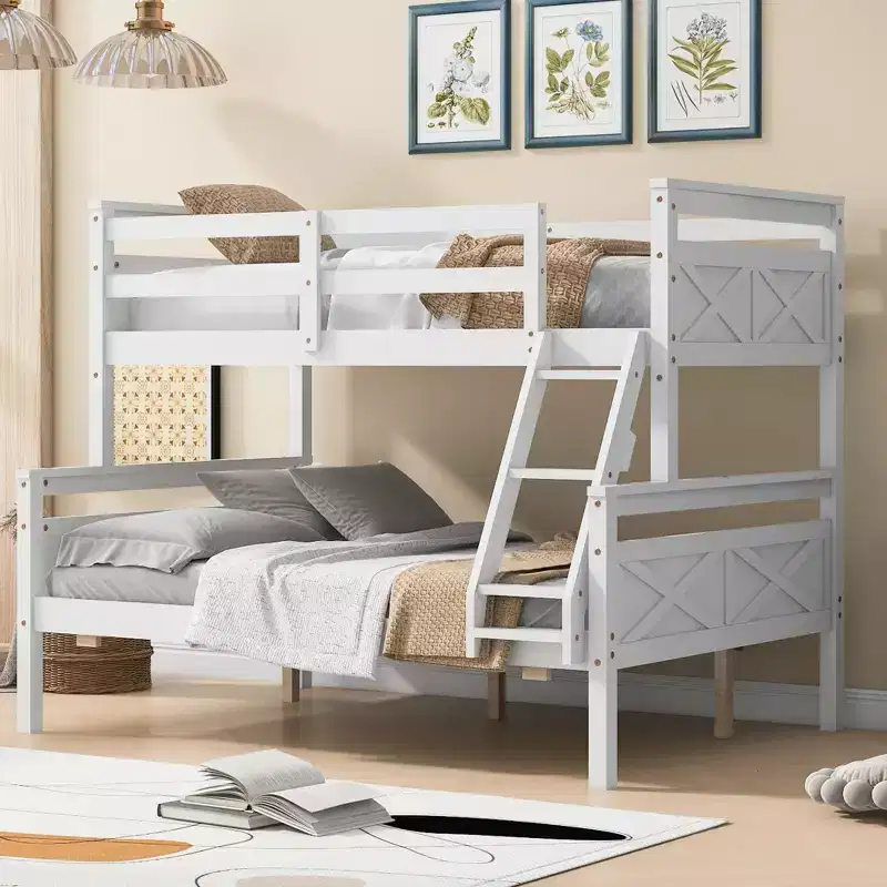 Twin Over Full Bunk Beds with High Guardrail, Headboard and Wide Ladder,Convertible to 2 Single Platform Bed,White