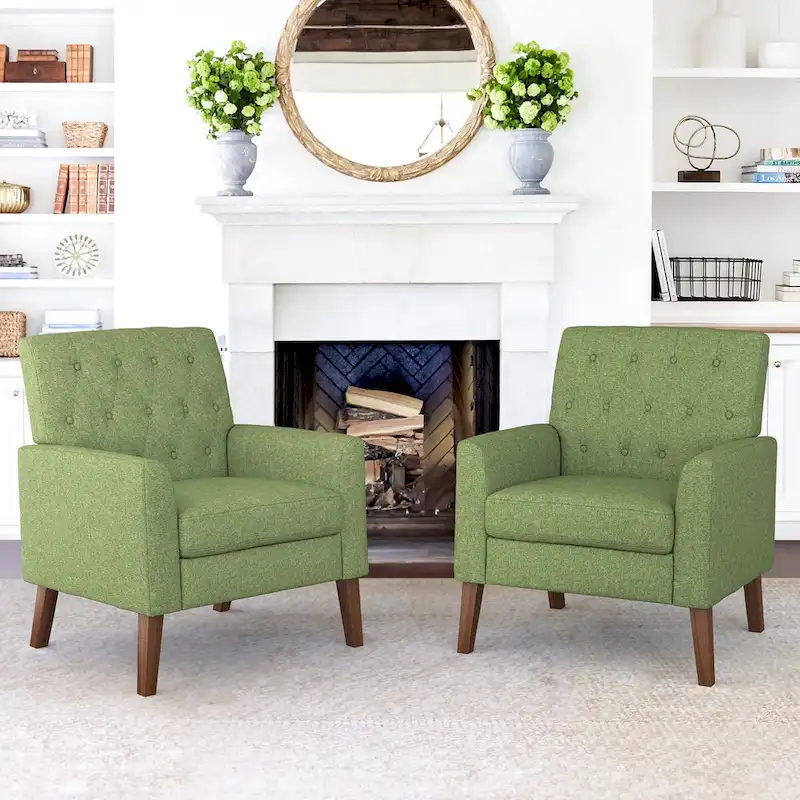 LUE BONA Mid-Century Modern Upholstered Linen Fabric Button Tufted Accent Chair Set of 2 - 28.5 W X 27.25 D X 33.75 H