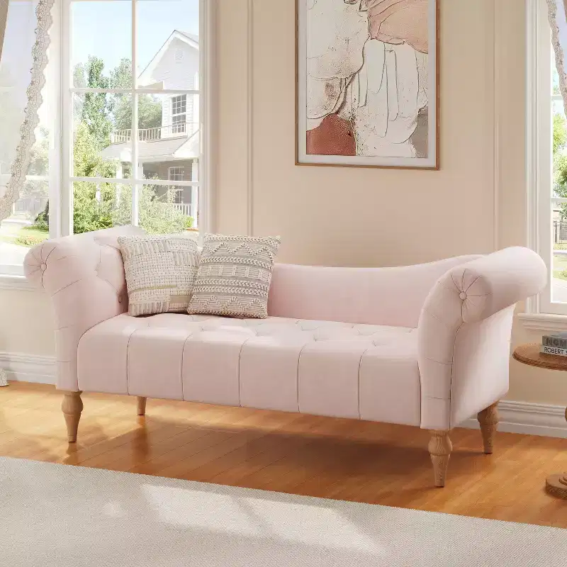 Vintage Velvet Tufted Bench with Rolled Arms – 60.75