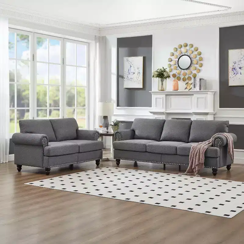 MAYEERTY Modern Sectional Sofa Classic Design with Nails Living Room 5 Seaters Upgolstered Polyester Gray