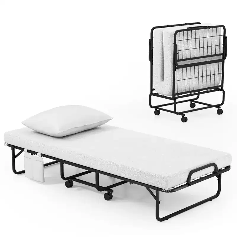 Folding Bed with Mattress 75 x 39 Twin Size Rollaway Adult Bed with Memory Foam Mattress & Pillow