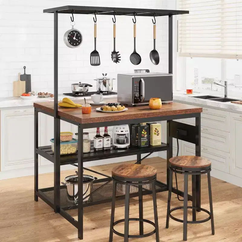 47 Kitchen Island with Storage - Multifunctional Prep Table with 3-Tier Shelves, Bakers Rack & 5 Hooks, Coffee Station for Kitchen Organization