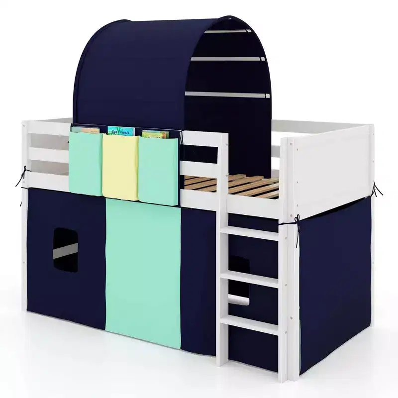 Costway Twin Loft Bed with Tower & Tent 3 Storage Pockets Safety Guardrail and Ladder Turquoise/Navy