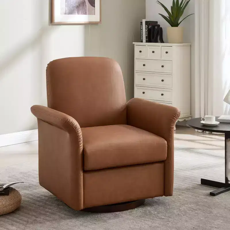 Modern Swivel Accent Chair with Wood Base, Lounge Barrel Armchair with Curved Armrest, Single Sofa Chair for Living Room and Bedroom