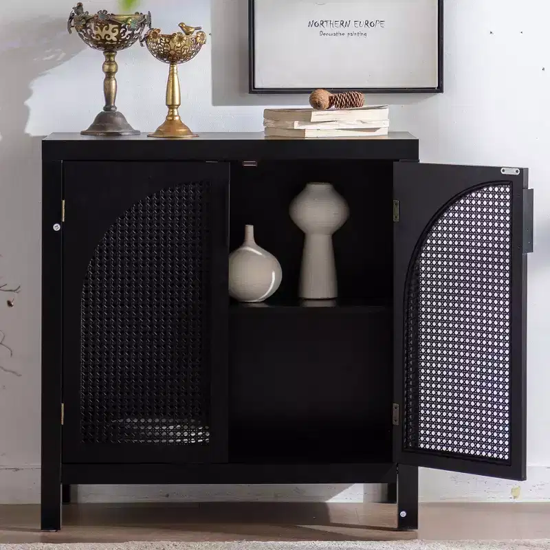 Mid-Century Rattan Sideboard Buffet Cabinet with Adjustable Shelves