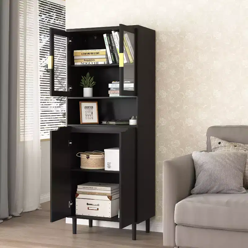 CLIHOME 4 Tempered Glass Door Tall Storage Bookcase, Utility Storage Cabinet With Adjustable Shelves