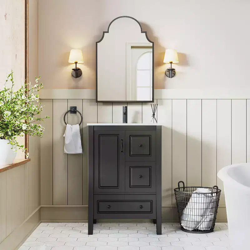 Black / Gold Scalloped Arched Wall Mirror Cabinet, 30x20 In, Single